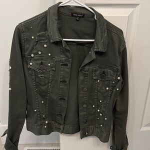 Dear John Women's Dark Green Pearl Studded Jean Jacket